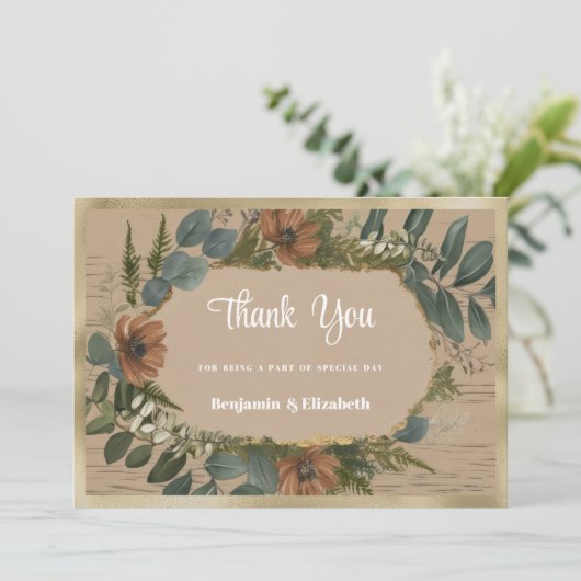 Botanische rustikale Waldblüte Danke Einladung (Stehend Vorderseite)