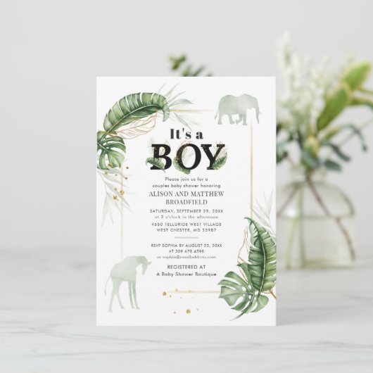Botanische Safari Elephant Giraffe Boys Babydusche Einladung (Stehend Vorderseite)