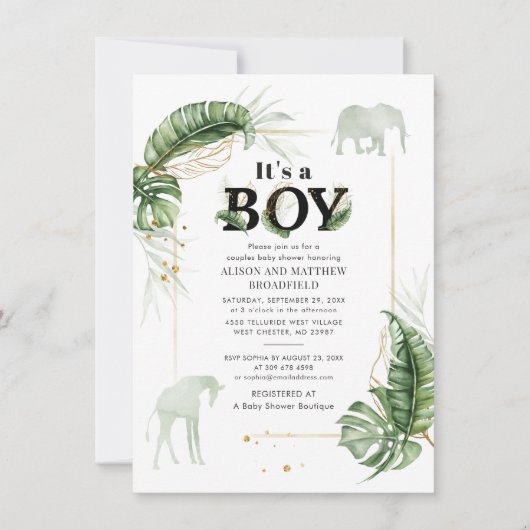 Botanische Safari Elephant Giraffe Boys Babydusche Einladung (Vorderseite)