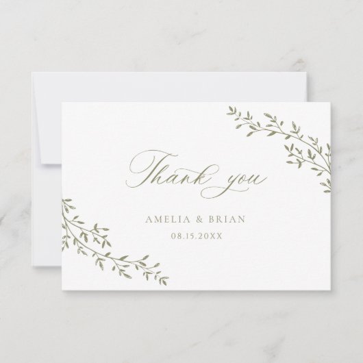 Botanische Sage-Script-Hochzeit im eleganten Leaf- Dankeskarte (Vorderseite)