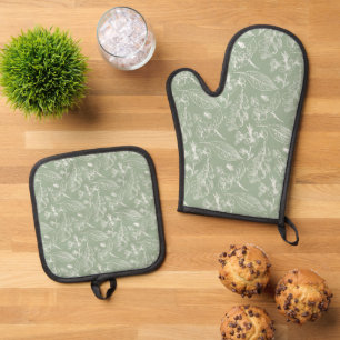 Botanische Salbeigrüne Blätter Florales Kunstmuste Ofenhandschuh & Topflappen-Set