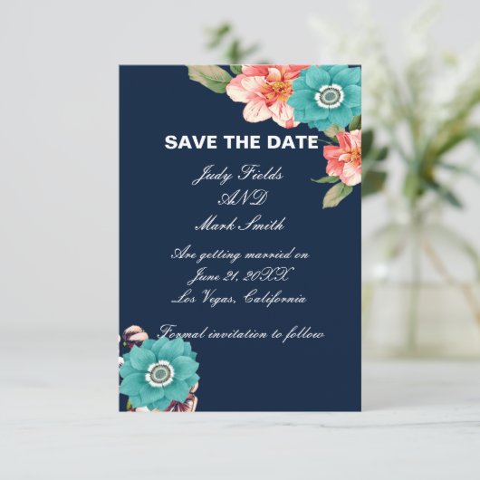 Botanische Save the Date-Karte Blau-Rosa Dankeskarte (Stehend Vorderseite)