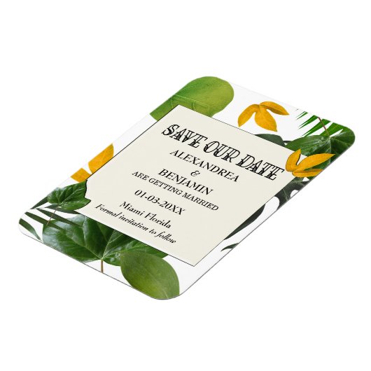 Botanische Save the Date tropische Palmen Magnet (Linke Seite)