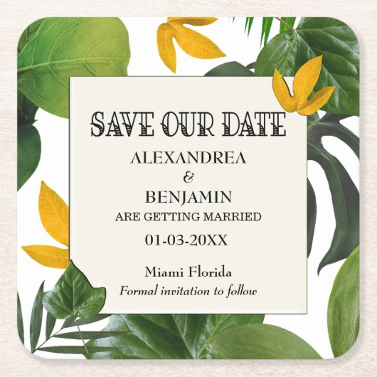 Botanische Save the Date tropische Palmen Rechteckiger Pappuntersetzer (Vorderseite)