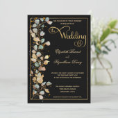 Botanische Schwarz-Gold-Foto-Monogramm-Hochzeit Einladung (Stehend Vorderseite)