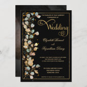 Botanische Schwarz-Gold-Foto-Monogramm-Hochzeit Einladung (Vorne/Hinten)