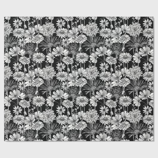 Botanische Schwarz-weiße Daisies Blumenmuster Geschenkpapier (Flach)