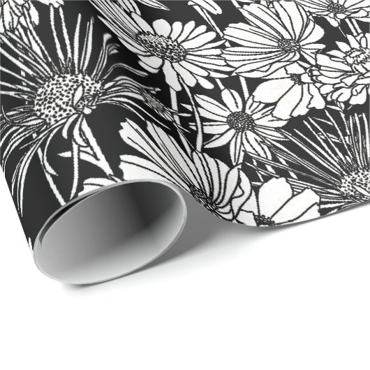 Botanische Schwarz-weiße Daisies Blumenmuster Geschenkpapier (Rolleneckpunkt)