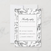 Botanische Schwarz-weiße Hochzeit mit Flora RSVP Karte (Vorderseite)