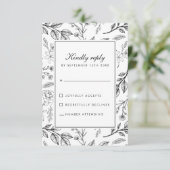 Botanische Schwarz-weiße Hochzeit mit Flora RSVP Karte (Stehend Vorderseite)