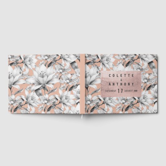 Botanische Schwarz-weiße Rose Gold Glitzer Blume Gästebuch (Voll)