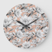 Botanische Schwarz-weiße Rose Gold Glitzer Blume Große Wanduhr (Vorderseite)