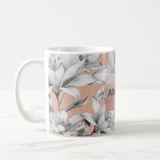 Botanische Schwarz-weiße Rose Gold Glitzer Blume Kaffeetasse (Links)