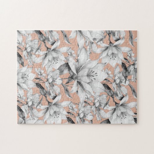 Botanische Schwarz-weiße Rose Gold Glitzer Blume Puzzle (Horizontal)