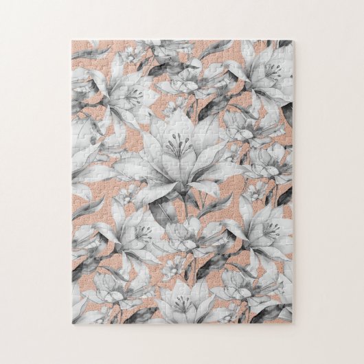 Botanische Schwarz-weiße Rose Gold Glitzer Blume Puzzle (Vertikal)