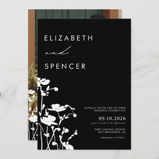 Botanische Schwarze Flora Moderne Hochzeit Einladung (Vorne/Hinten)