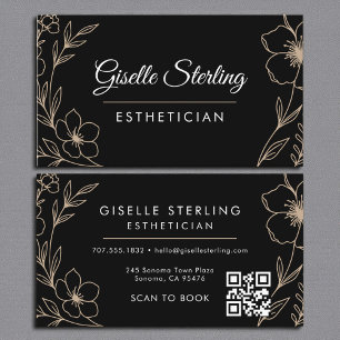 Botanische schwarze QR-Code-Esthetikerin Floral Visitenkarte
