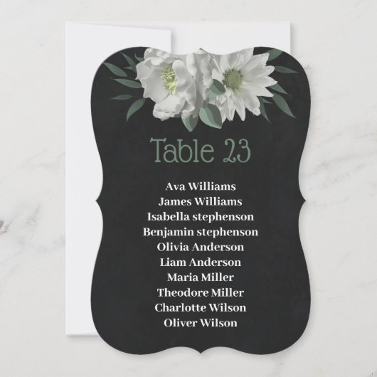 Botanische schwarze Sitzkarte mit weißen Blume Einladung (Vorderseite)