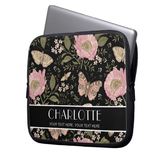 Botanische Schwarzflora-Monogramm der modernen Wil Laptopschutzhülle (Vorderseite Links)