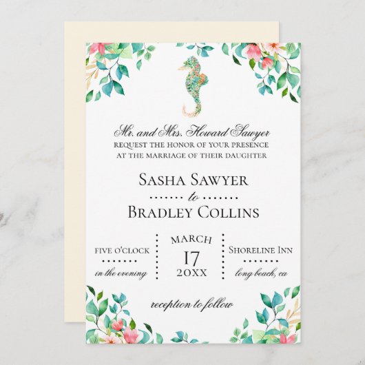 Botanische Seepferd-Hochzeits-Einladung Einladung (Vorne/Hinten)