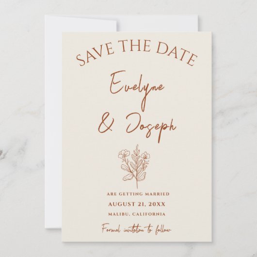 Botanische Seite Flora Terracotta Boho Wedding Save The Date (Vorderseite)