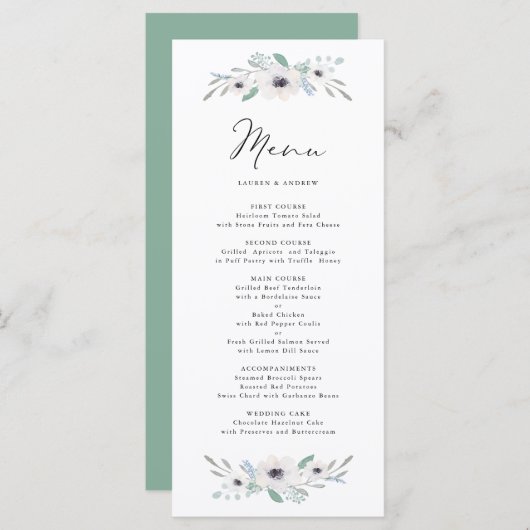 Botanische Speisekarte mit weißem Anemonen Menükarte (Vorne/Hinten)