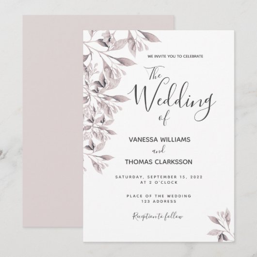 Botanische staubige Rose Blattwerk Hochzeit Einladung (Vorne/Hinten)