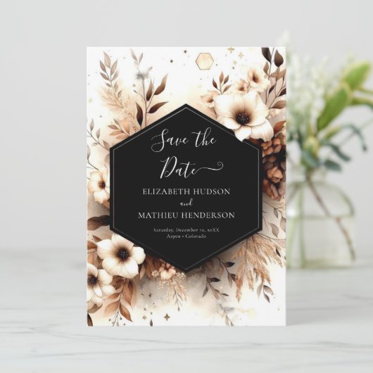 Botanische, stilvolle Rustikale Hochzeit Save The Date (Stehend Vorderseite)