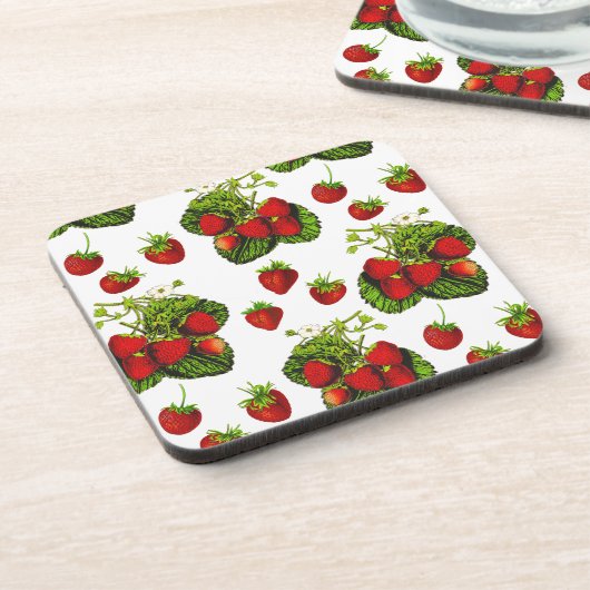 Botanische Strawberry Illustration Print on White Getränkeuntersetzer (Linke Seite)