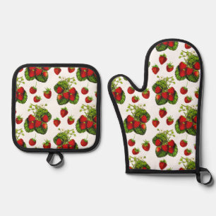 Botanische Strawberry Illustration Print on White Ofenhandschuh & Topflappen-Set