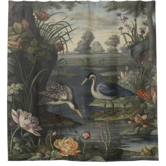 Botanische Szene blauer Krane am Fluss Duschvorhang (Vorderseite)