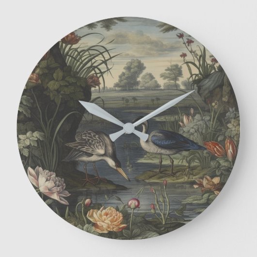 Botanische Szene des blauen Krans an einem Fluss Große Wanduhr (Vorderseite)