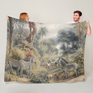 Botanische Szene mit Zebras in einer Oase Fleecedecke