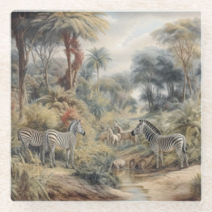 Botanische Szene mit Zebras und Löwen in einer Oas Glasuntersetzer