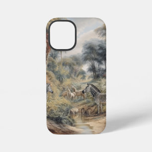 Botanische Szene mit Zebras und Löwen in einer Oas iPhone 12 Mini Hülle