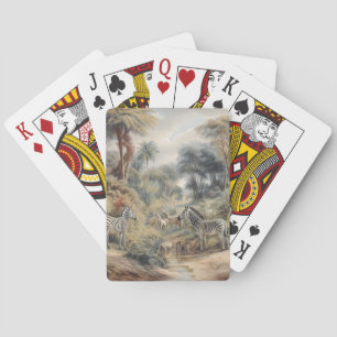 Botanische Szene mit Zebras und Löwen in einer Oas Spielkarten
