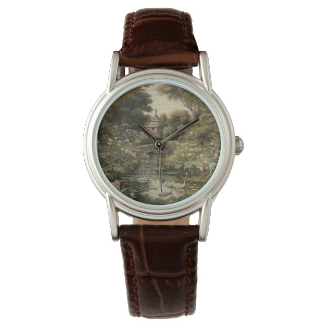 Botanische Szene von Schwänen in einem englischen  Armbanduhr (Vorderseite)