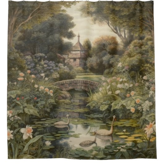 Botanische Szene von Schwänen in einem englischen  Duschvorhang (Vorderseite)