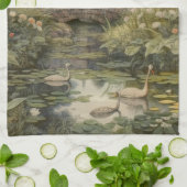 Botanische Szene von Schwänen in einem englischen  Geschirrtuch (Gefaltet)