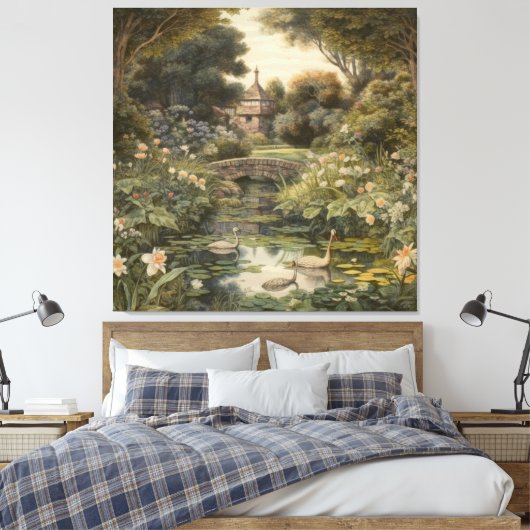Botanische Szene von Schwänen in einem englischen  Leinwanddruck (Insitu (Schlafzimmer))