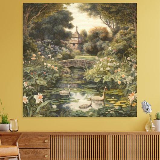 Botanische Szene von Schwänen in einem englischen Leinwanddruck (Insitu (Wohnzimmer))