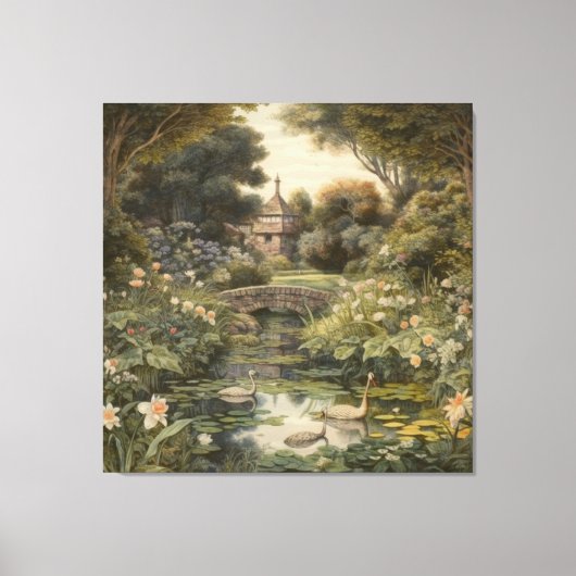 Botanische Szene von Schwänen in einem englischen Leinwanddruck (Vorderseite)