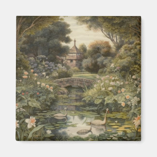 Botanische Szene von Schwänen in einem englischen Magnet