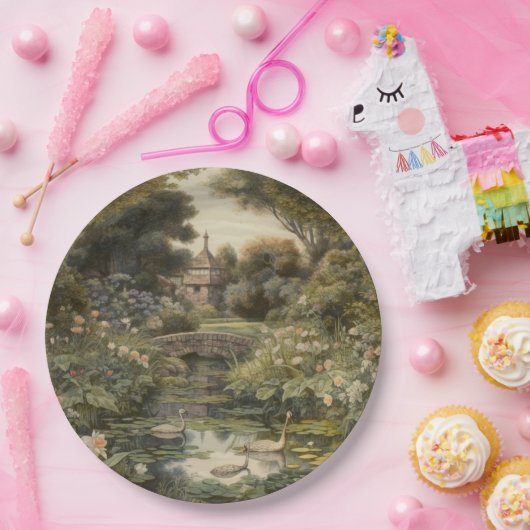 Botanische Szene von Schwänen in einem englischen Pappteller (Party)