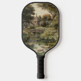 Botanische Szene von Schwänen in einem englischen  Pickleball Schläger