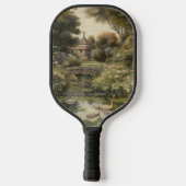 Botanische Szene von Schwänen in einem englischen  Pickleball Schläger (Rückseite)