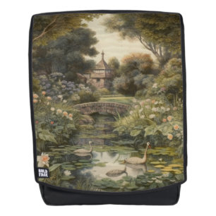 Botanische Szene von Schwänen in einem englischen  Rucksack