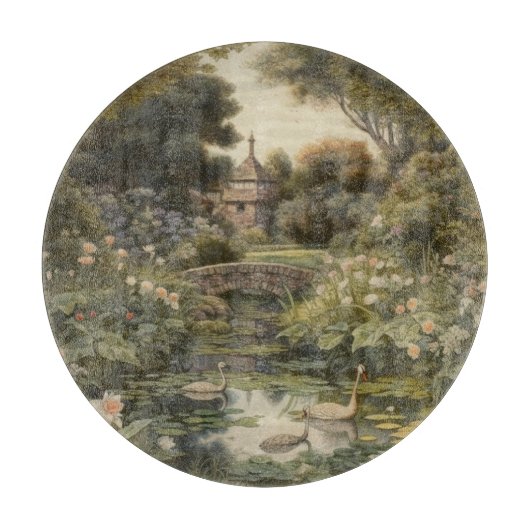 Botanische Szene von Schwänen in einem englischen  Schneidebrett (Vorderseite)