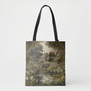 Botanische Szene von Schwänen in einem englischen  Tasche