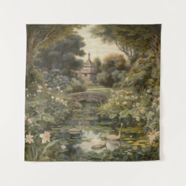 Botanische Szene von Schwänen in einem englischen Wandteppich